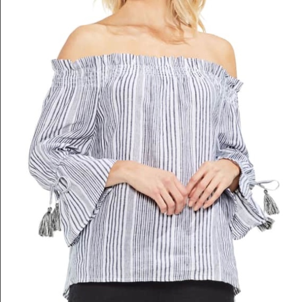 Vince Camuto Linen Stripe Statement Sleeve Top